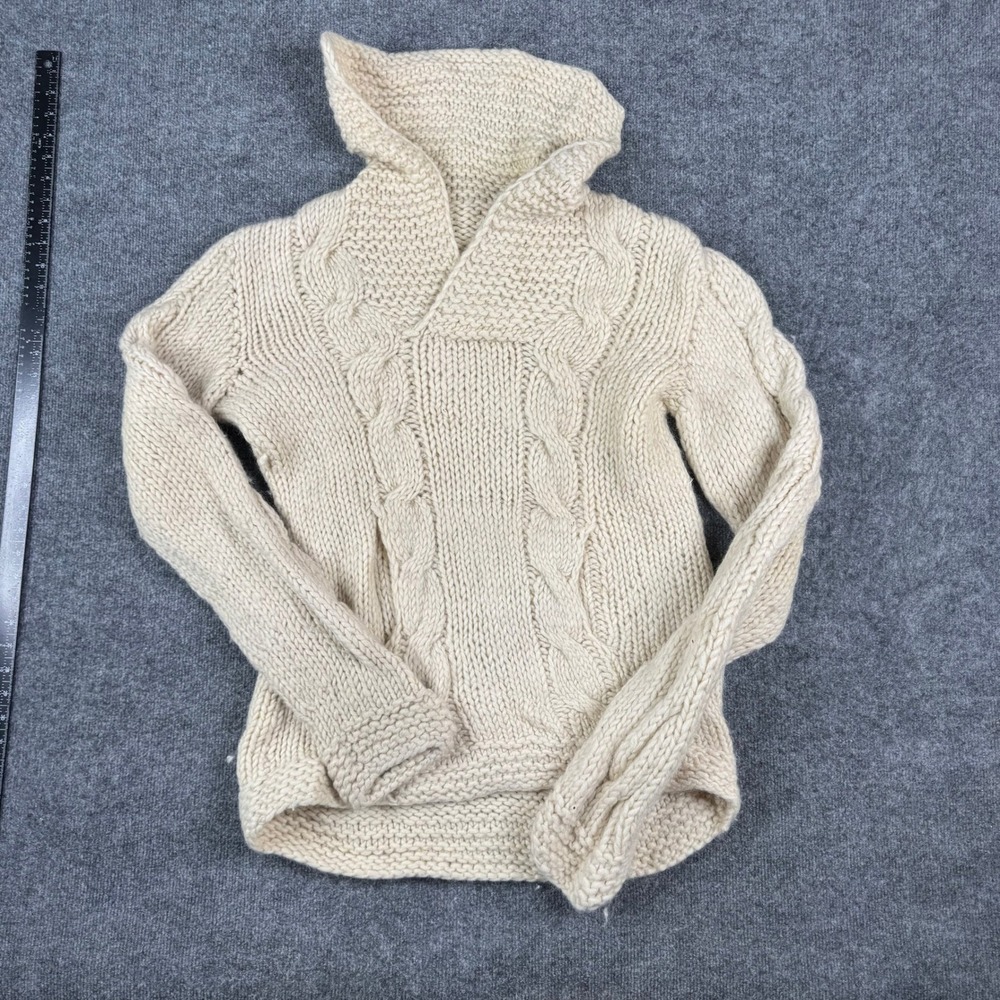 Unbranded Sweater Mens Size L Cream Wool Cable Knit Shawl Collar Chunky Pullover